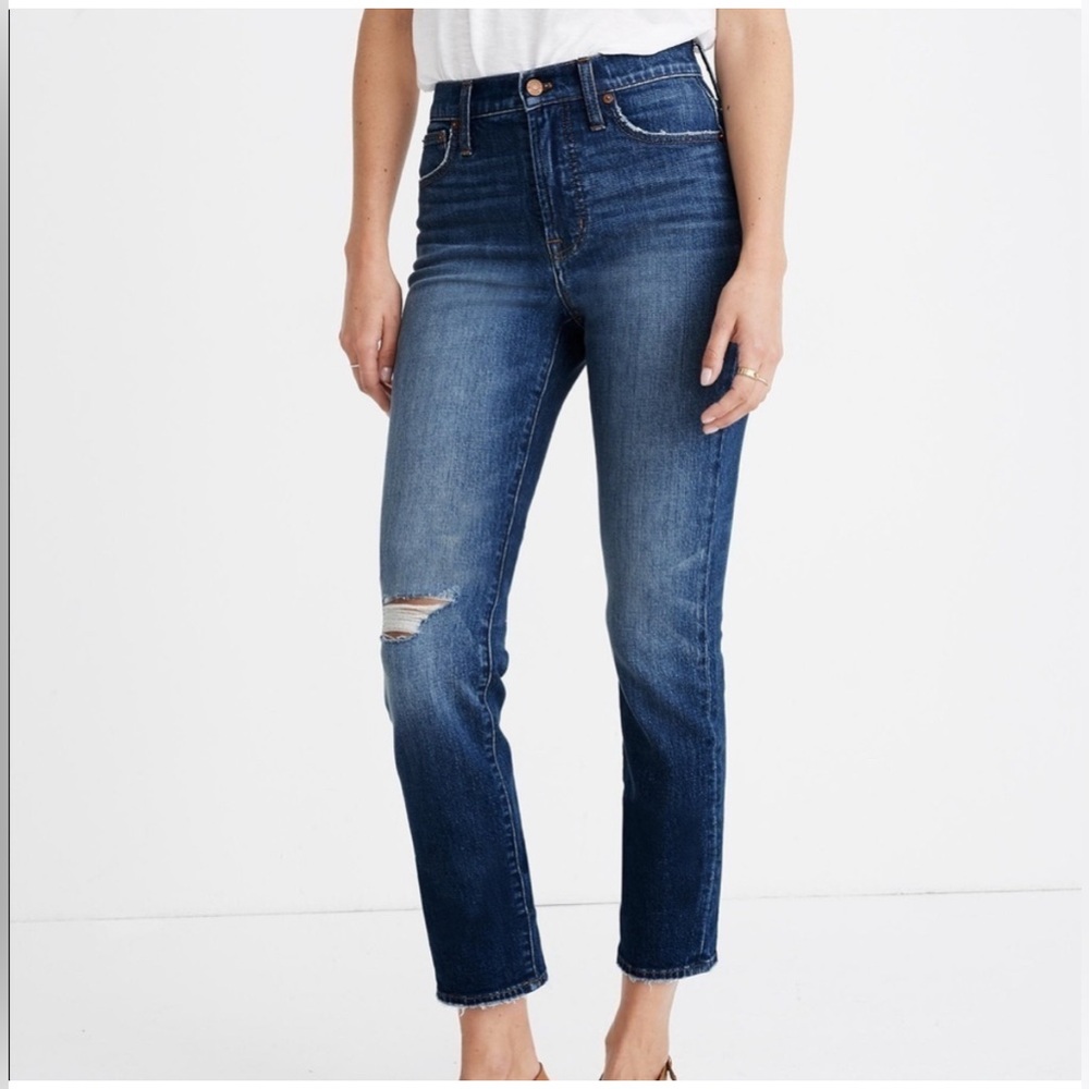Madewell Perfect Vintage Crop Jean, Dark Wash, Distressed Cuffs, Size 29, EUC
